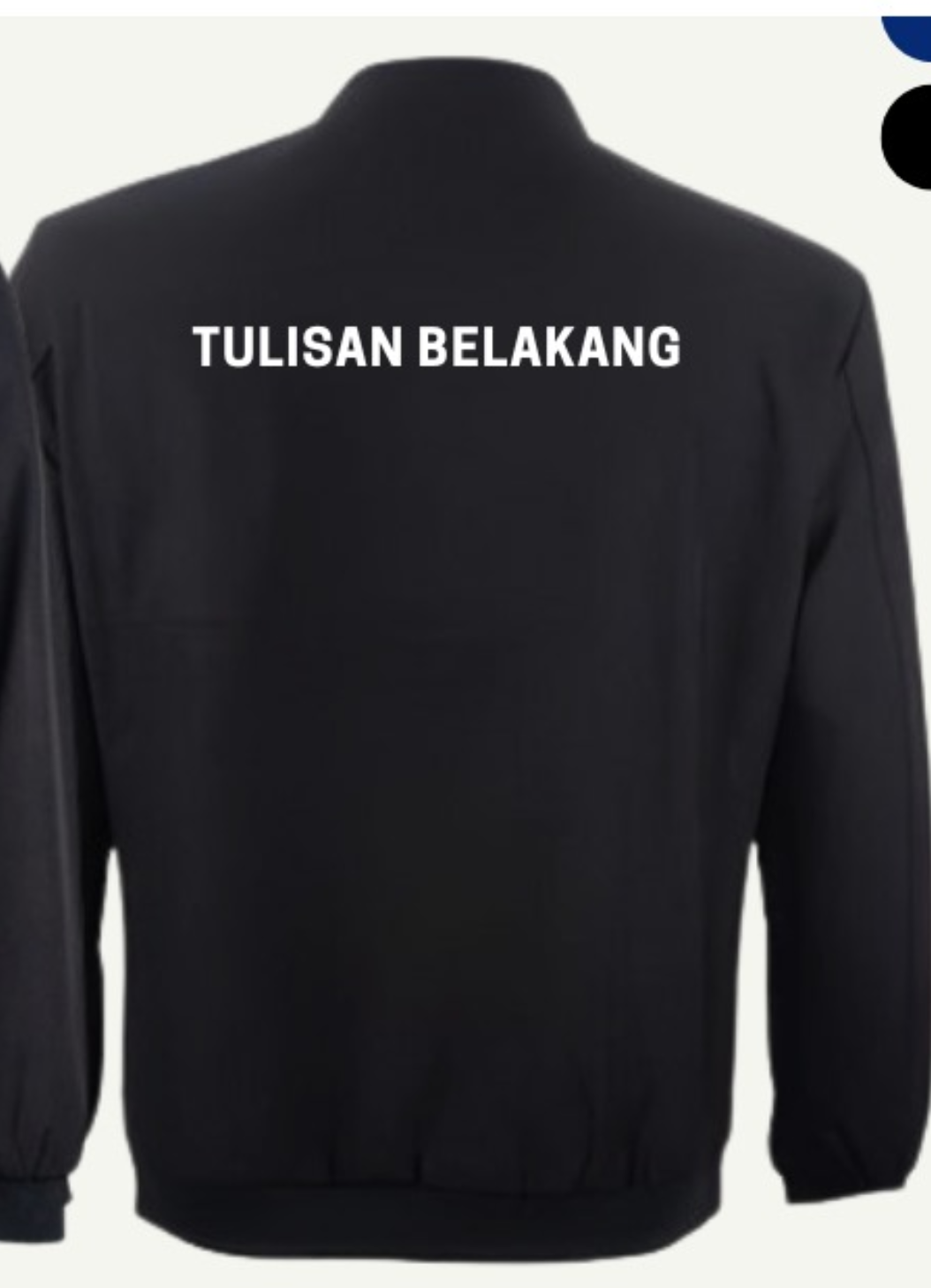 Contoh rekaan jaket hitam dengan teks contoh Tulisan Belakang berwarna putih