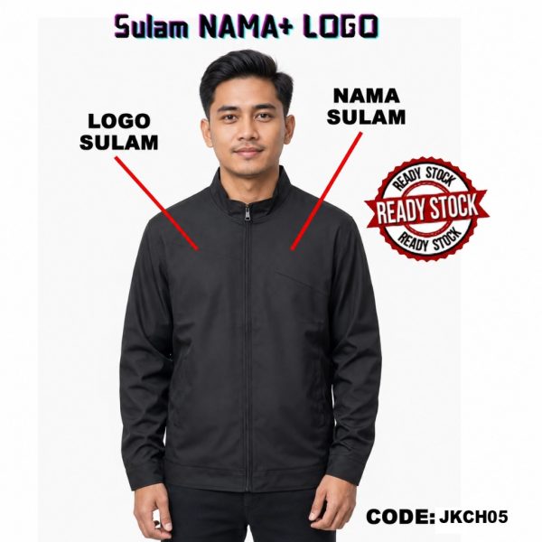 Jaket Bomber Kurta JKCH05 — Hitam · Pilihan sulaman nama & logo