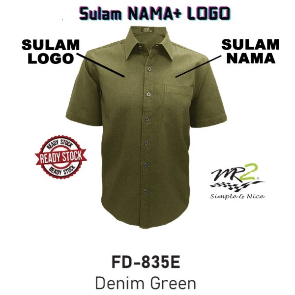 Baju korporat denim hijau MR.2 FD-835E lengan pendek dengan pilihan sulaman nama dan logo